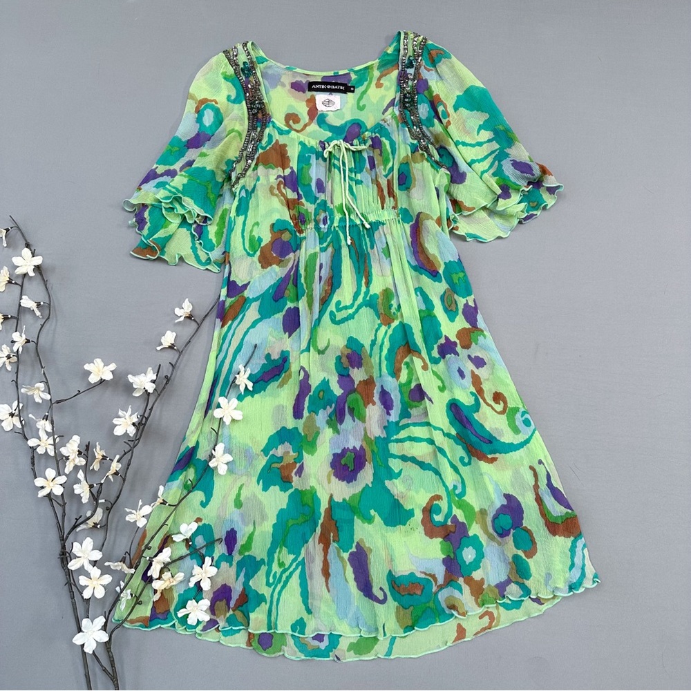 Anthropologie ANTIK BATIK green watercolor floral dress, S.